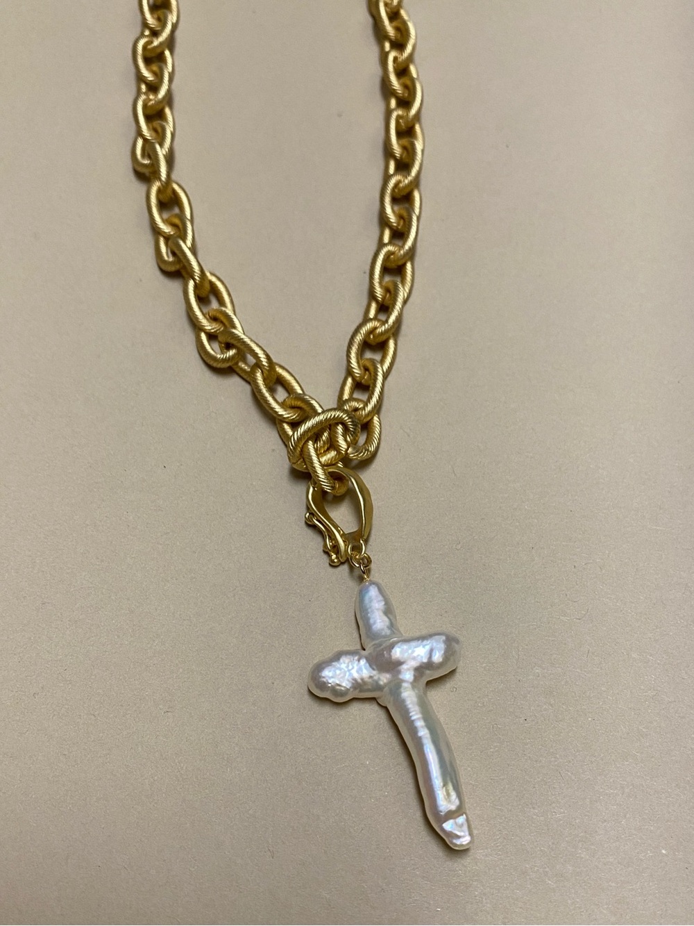 Gold Chain Necklace with White Baroque Pearl Cross Pendant - Picture 2 of 5